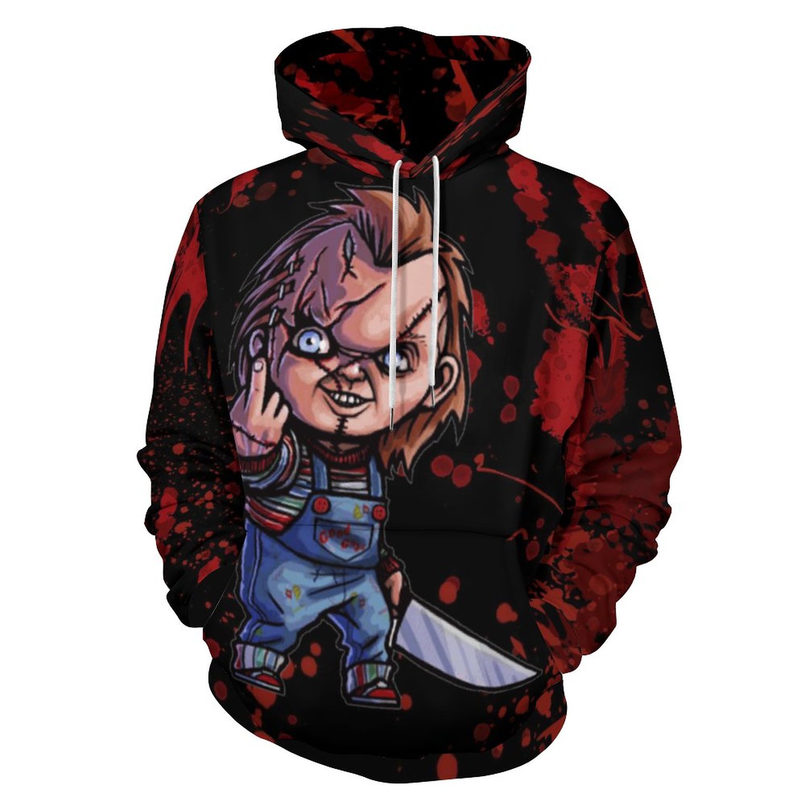 Mainfini Herren Killer Puppe Kostüm Hoodie – Grusel Cosplay Set Mit Aufklebern Für Halloween (S-3XL)