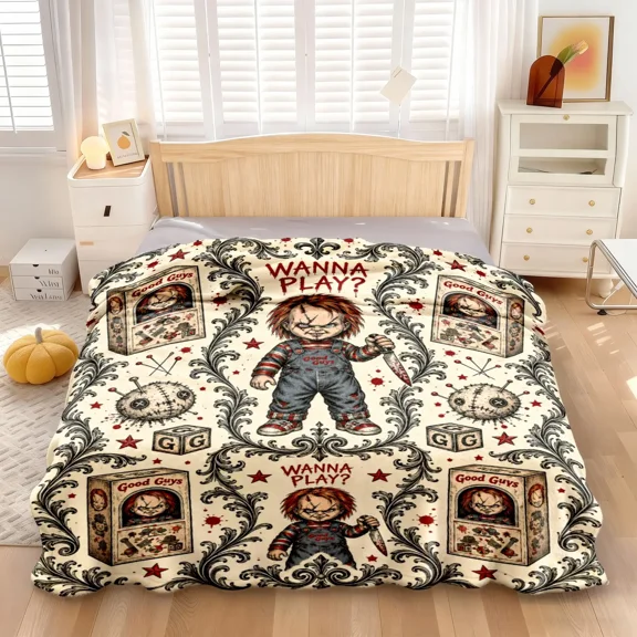 Chucky Inspired Flannel Throw Blanket, Gothic Design with Good Guys Box and Voodoo Doll, Perfect for Sofa, Bedroom, Travel, Camping, Halloween Gift