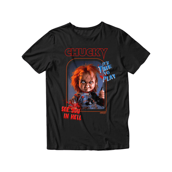 Chucky It’s Time to Play See You in Hell Unisex Adult Short Sleeve T-Shirt (Black, S-2XL)