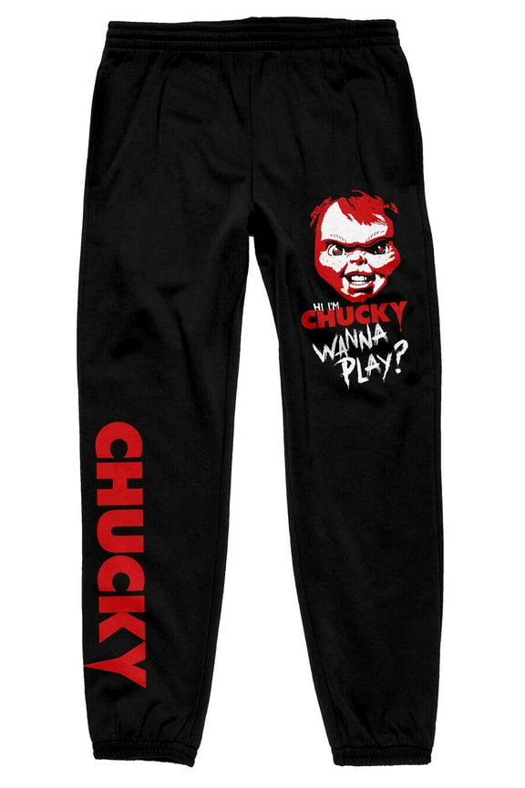 Chucky Wanna Play Chucky Doll Head Men's Black Sweatpants-Medium
