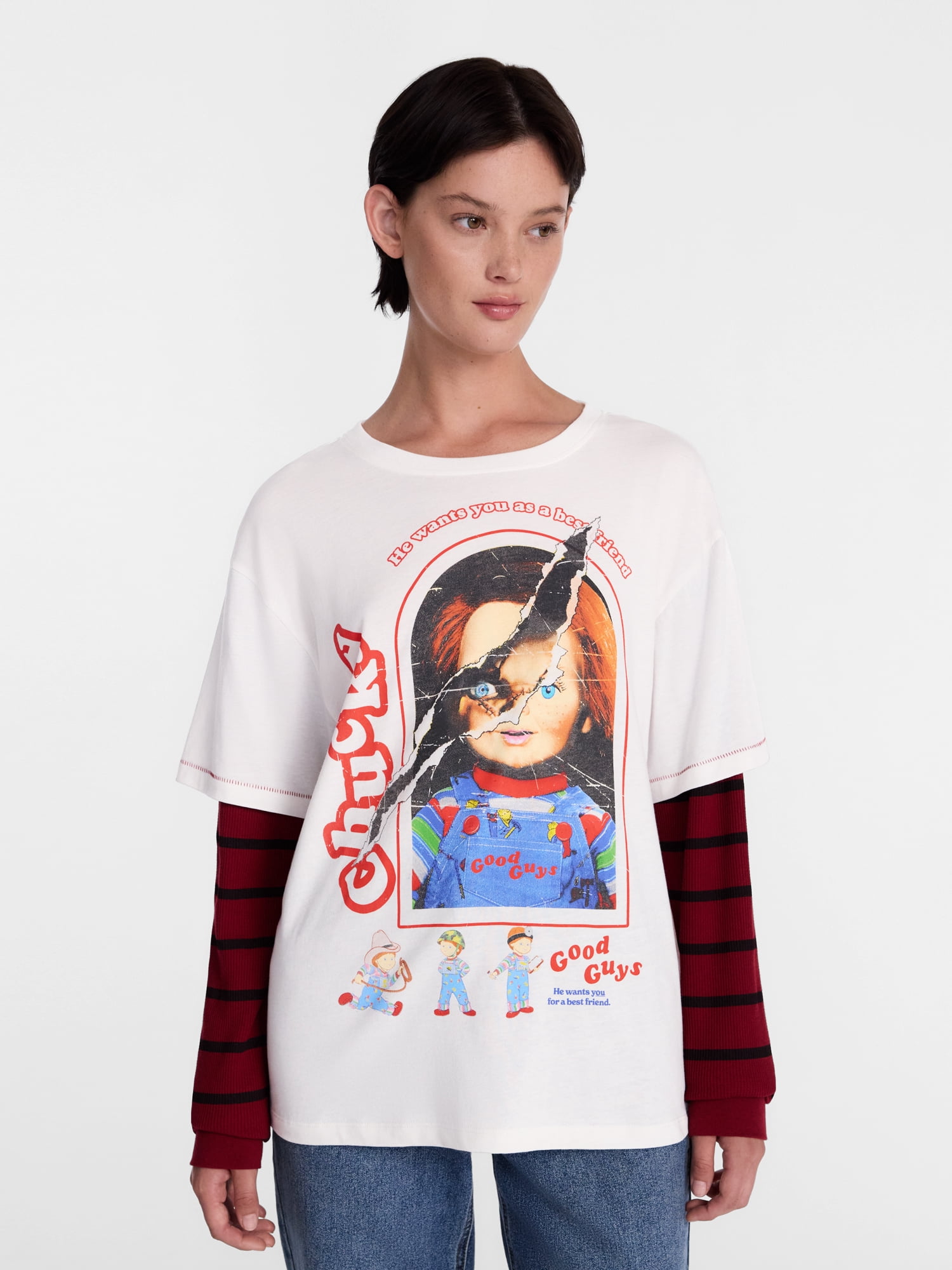 Chucky Women's Halloween Layered Look Graphic Tee with Long Sleeves, Sizes XXS-XXL