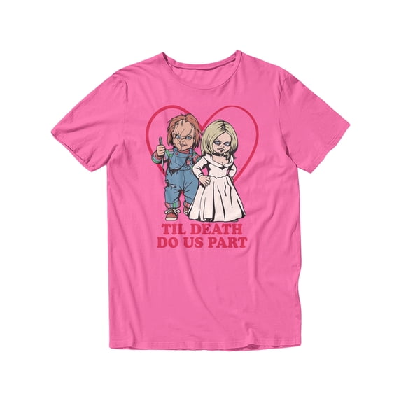 Chucky and Tiff Til Death Do Us Part Juniors Graphic Short Sleeve T-Shirt (Azalea, S-XXL)