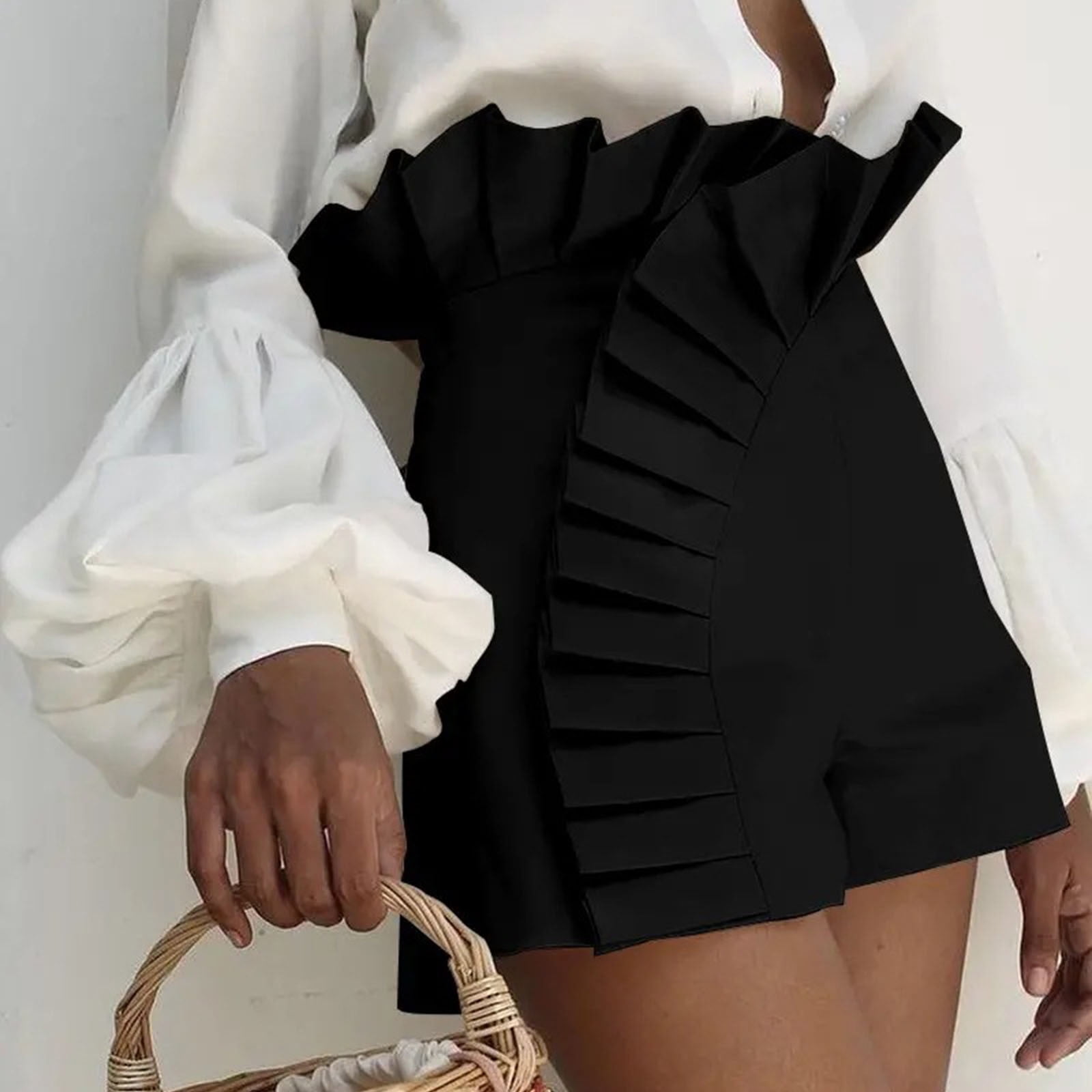 Chueow Women's Solid Color Shorts Ruffled Hem Pleated High Waisted Sexy ...