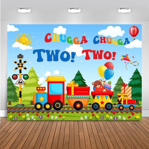 Chugga Chugga Two Two Backdrop Red Train Theme 2nd Birthday Photography Background Happy Second Birthday Party Decorations Cake Table Banner Photo Booth Props