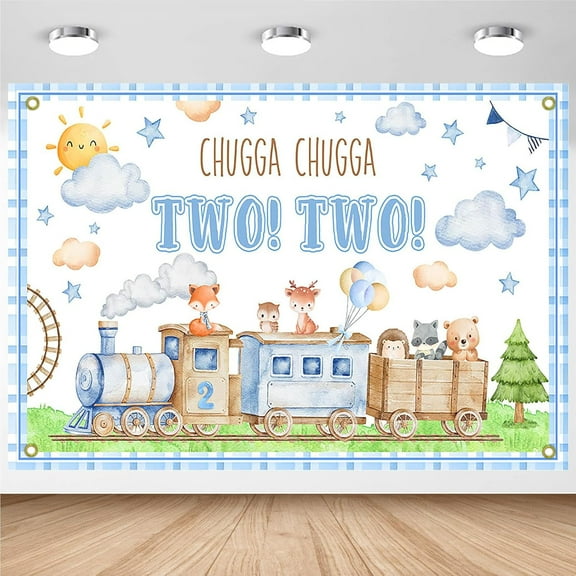 Chugga Chugga Two Two Backdrop Train Themed 2nd Birthday Photography Background Animals Train Theme 2 Years Old Birthday Party Decorations Banner Supplies Photo Booth Props