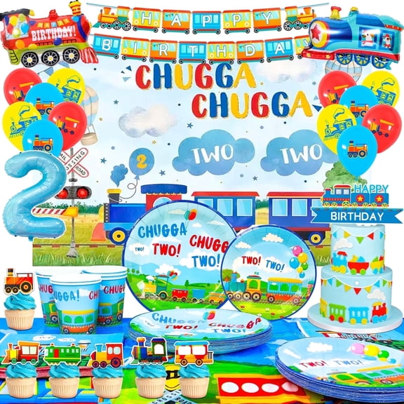 Chugga Chugga Two Two Party Decorations,95pcs Train Party Decorations & Train Party Tableware Set- Train Plates Cups Cake Topper Tablecloth Banner Balloons Backdrop etc Train Birthday Party Supplies