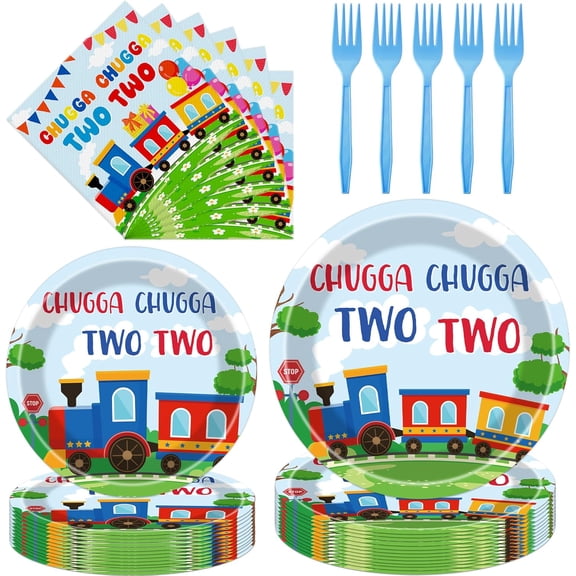 Chugga Chugga Two Two Tableware - 96 Pcs Train Themed 2nd Birthday Decorations, Railroad Transportation Disposable Paper Plate Napkin Fork, 2 Years Old Party Supplies for Boy, Serves 24 Guests