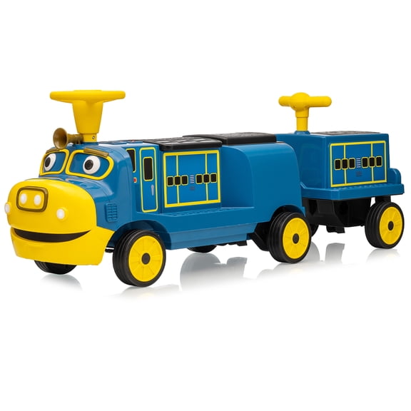 Chuggington Licensed 12V 2-Seater Electric Ride-On Train for Kids – Adjustable Seat, Removable Storage Chair, Headlights, Music, Rubber Wheels, 7Ah Battery – Blue Brewster