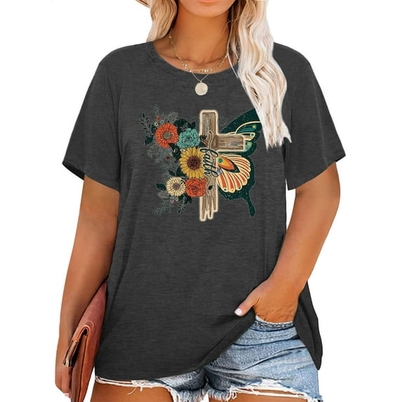 Chulianyouhuo Faith Women Plus Shirt Graphic Christian Casual Vintage Tshirt Short Sleeve Summer Oversized Tee Tops