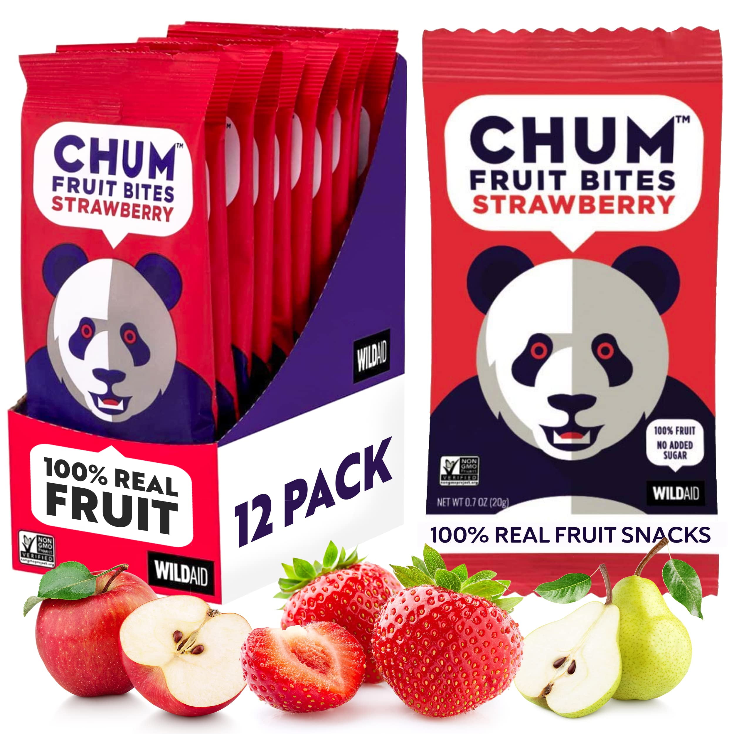 Chum Fruit Bites 100% Real HYZ01 Fruit Snacks-Strawberry, Non-GMO, No Added Sugar or Preservatives | Healthy Snack | Top 12 Allergen & School Friendly, Nut-Free, Gluten-Free, Vegan, Kosher, Paleo
