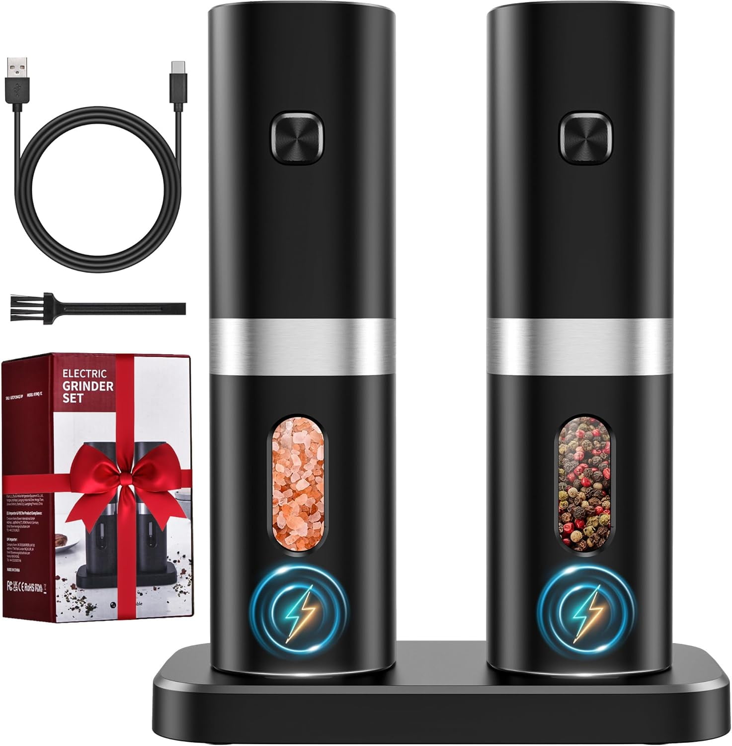Chumajor  2Pack Electric Salt and Pepper Grinder Set, New Rechargeable Salt and Pepper Mill with Charging Base, White LED Light, One Hand Automatic Operation, Adjustable Coarseness, Black