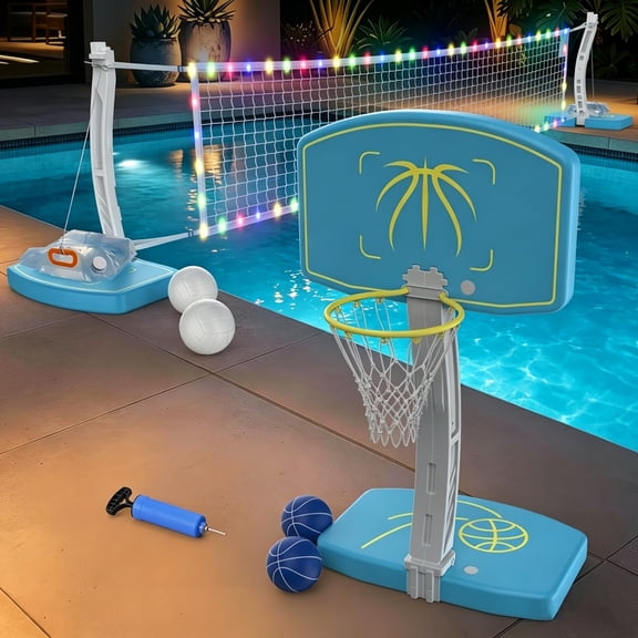 Chumajor Pool Basketball Hoop and Volleyball Combo 2-in-1, LED Pool Volleyball Net Set with Adjustable Net, Stainless Steel Basket, Swimming Pool Games for Poolside Inground Summer Party