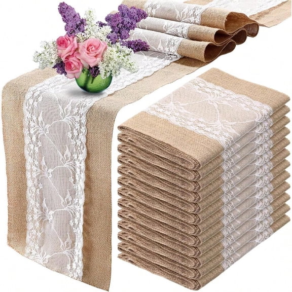 Chumia 12 Pcs 12 x 108 Inch Wedding Burlap Table Runners with White Lace Rustic Runner Decor Vintage Romantic Table Cloth Party Favors for Engagement Birthday Hotel Home Decor Fresh Style