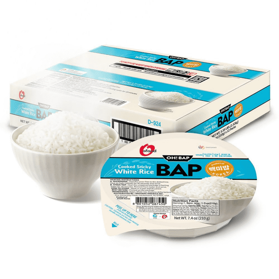Chung Jung One O'Food BAP, Cooked Sticky White Rice, Ready to Eat, Microwave Safe, Pack of 12
