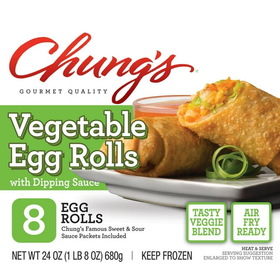 Chung’s Vegetable Egg Rolls with Sweet and Sour Sauce, Air Fry Ready, 24 oz, 8 Count Box, (Frozen)