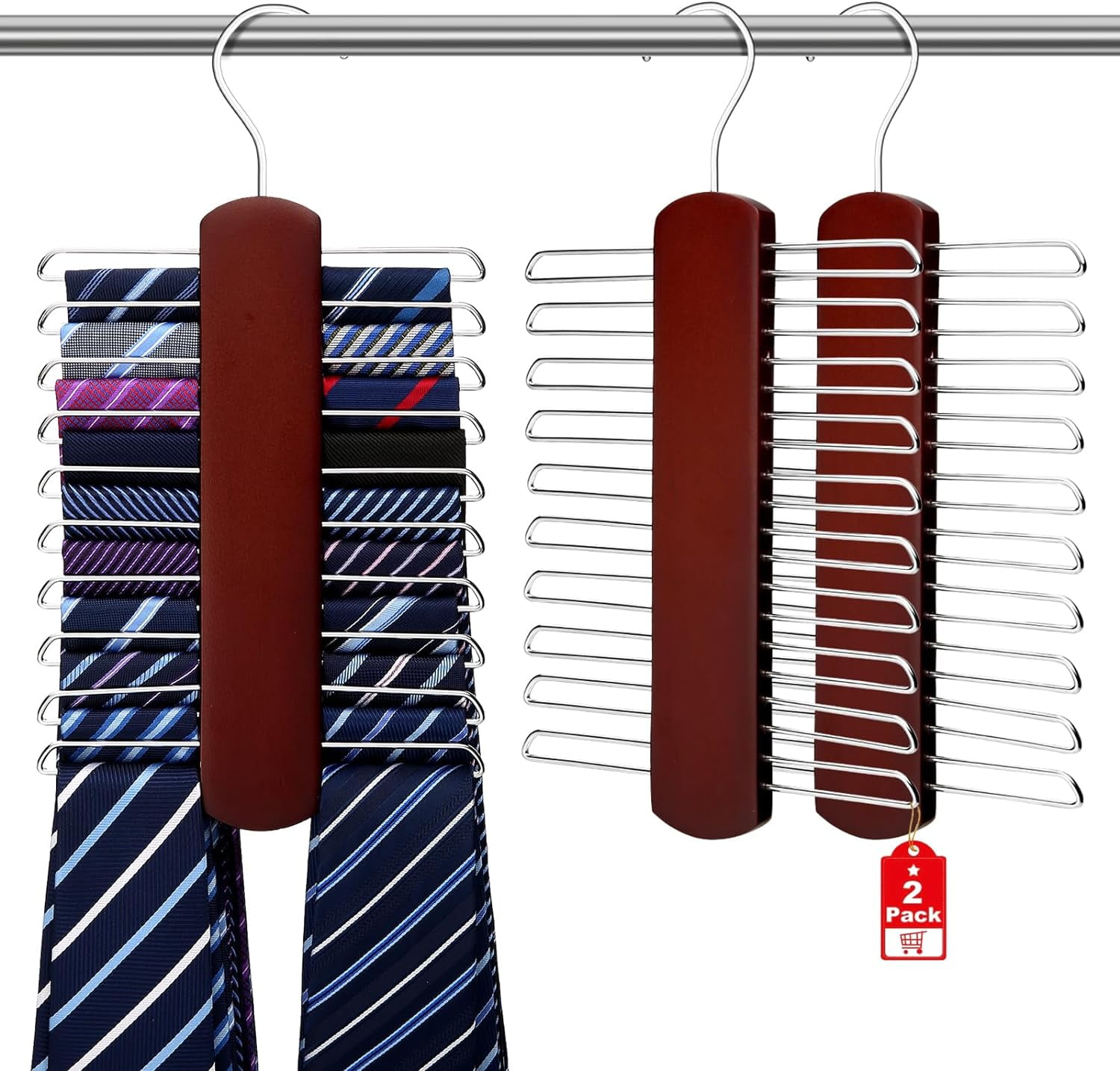 Chunhong 2 Pack Tie Rack for Closet, Premium Wooden Necktie Organizer