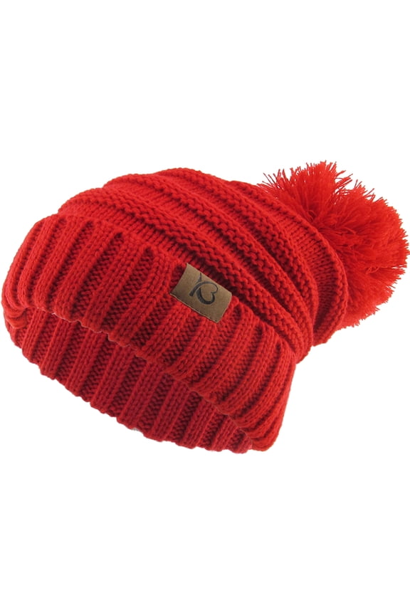 Chunk Pom Pom Cable Knit Ribbed Beanie