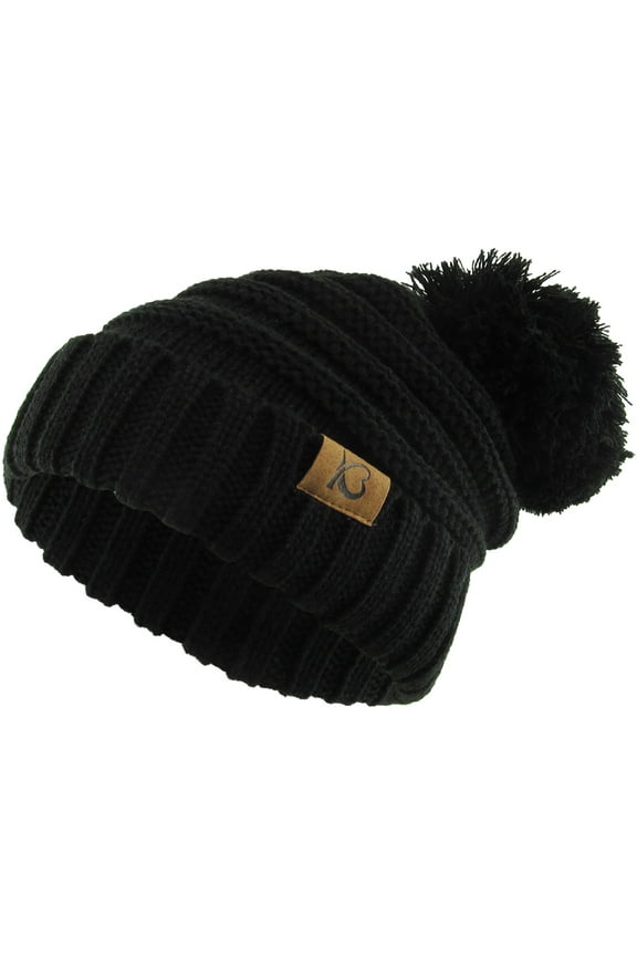 Chunk Pom Pom Cable Knit Ribbed Beanie