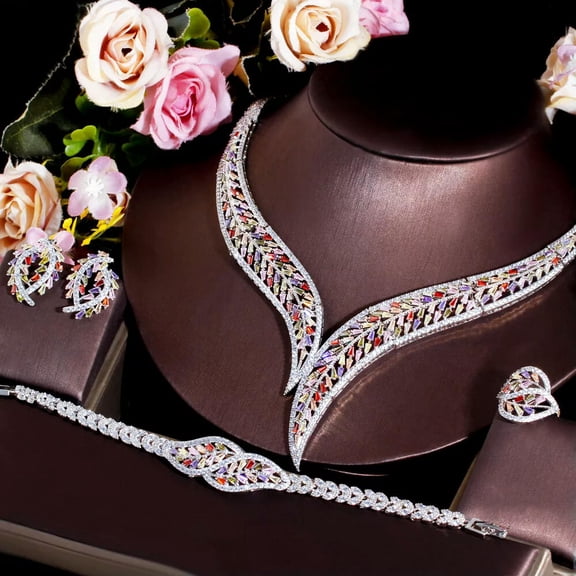Chunku Colorful Cubic Zircon Bridal Engagement White Gold Plated CZ Jewelry Set