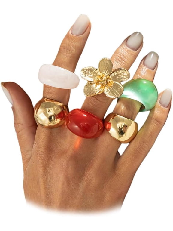 Chunky 14K Gold Plated Flower Transparent Resin Rings for Women Dainty Stackable Aesthetic Unique Dome Knuckles Ring Statement Party Prom Jewelry Gift