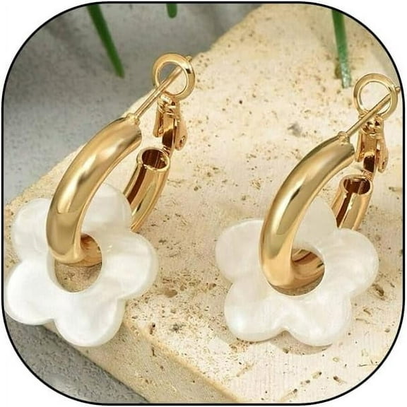 Chunky Acrylic Gold Small Flower Hoop Huggie Earrings, Colorful Boho Ear Piercing Dangle Drop Earrings, Dainty Chic Charm Jewelry Gift