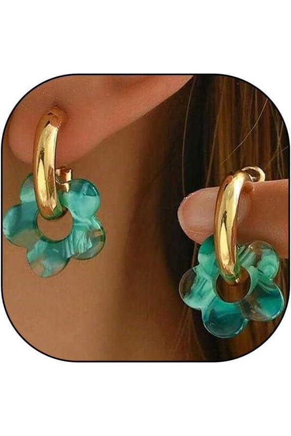 Chunky Acrylic Gold Small Flower Hoop Huggie Earrings, Colorful Boho Ear Piercing Dangle Drop Earrings, Dainty Chic Charm Jewelry Gift