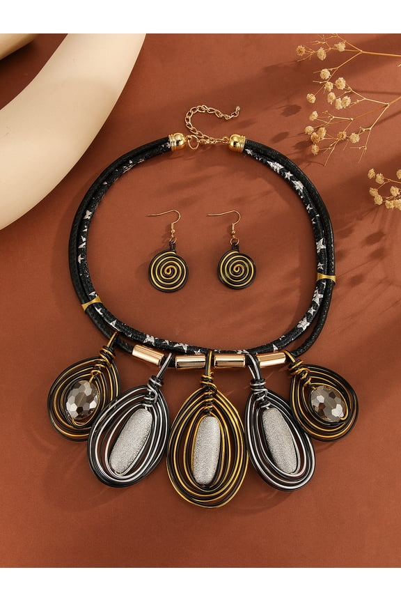 Chunky African Jewelry Statement Necklace For Women Tribal Fashion Costume Earring Set Unique Rhinestone Crystal Gold Wire Wrapped Big Wood Pendent Collar Choker Bib Handmade