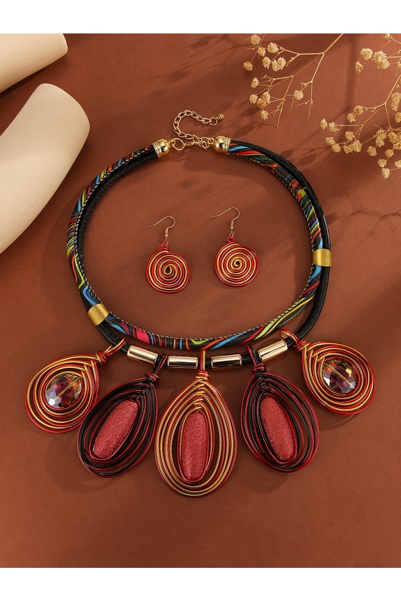 Chunky African Jewelry Statement Necklace For Women Tribal Fashion Costume Earring Set Unique Rhinestone Crystal Gold Wire Wrapped Big Wood Pendent Collar Choker Bib Handmade