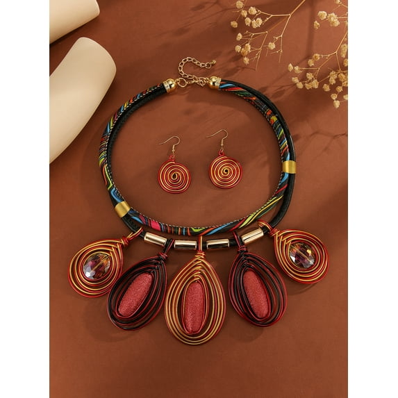 Chunky African Jewelry Statement Necklace For Women Tribal Fashion Costume Earring Set Unique Rhinestone Crystal Gold Wire Wrapped Big Wood Pendent Collar Choker Bib Handmade