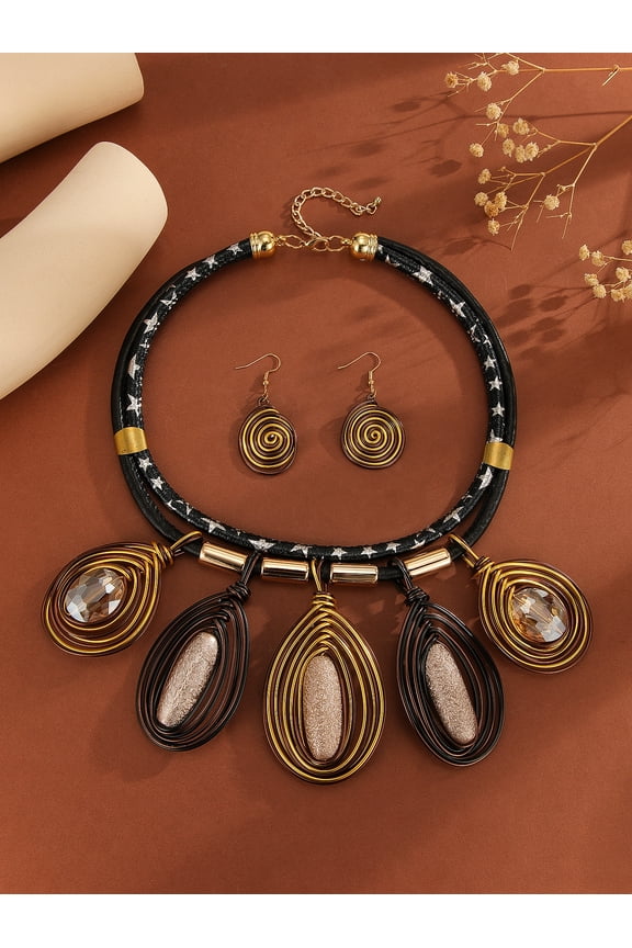 Chunky African Jewelry Statement Necklace For Women Tribal Fashion Costume Earring Set Unique Rhinestone Crystal Gold Wire Wrapped Big Wood Pendent Collar Choker Bib Handmade