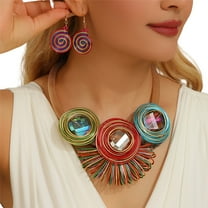Chunky African Statement Crystal Necklace Earring Set For Women Tribal Fashion Costume Jewelry Earring Sets Unique Colorful Big Rhinestone Crystal Pendent Collar Choker Bib Handmade