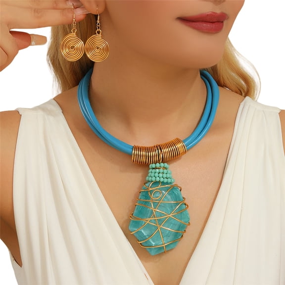 Chunky African Statement Necklace With Resin Pendant and Earring Set For Women Tribal Fashion Costume Jewelry Earring Sets Unique Colorful Big Rhinestone Crystal Pendent Collar Choker