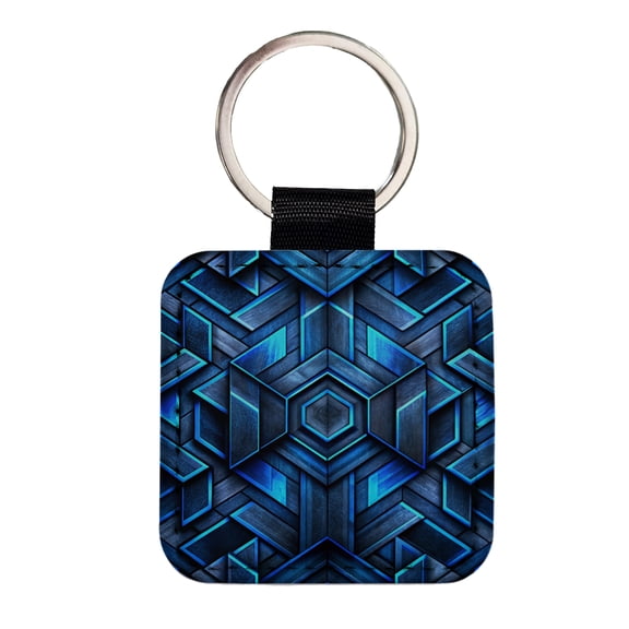 Chunky Angular Black And Blue Design Pattern Faux Leather Square Keychain