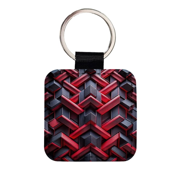 Chunky Angular Black And Red Design Pattern Faux Leather Square Keychain