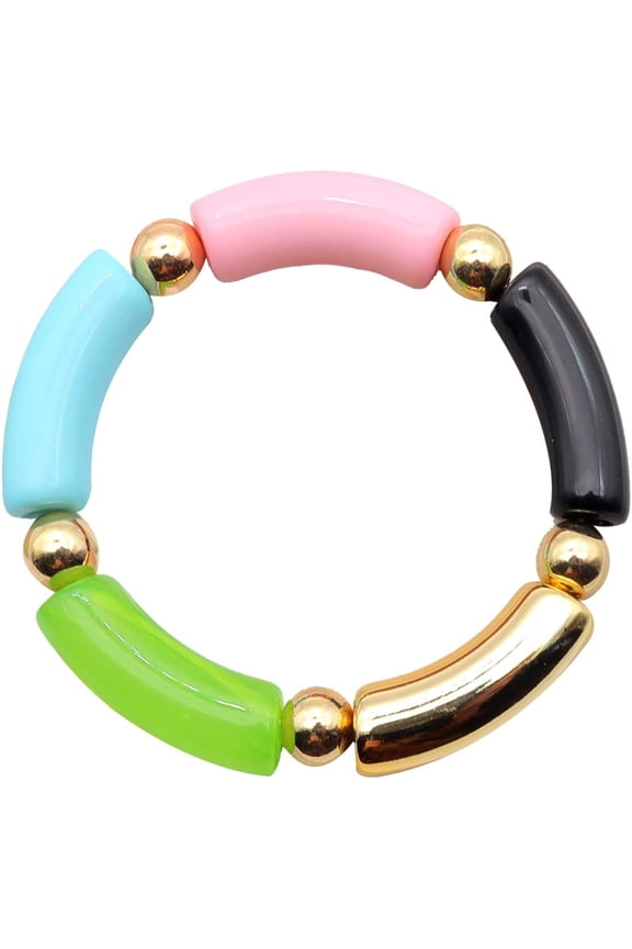 Chunky Bamboo Beaded Acrylic Bracelets, Colorful Curved Resin Stretch Bracelet,Circle Spacer Curved Geometric Bracelet Boho Stretchable Friendship Bracelets
