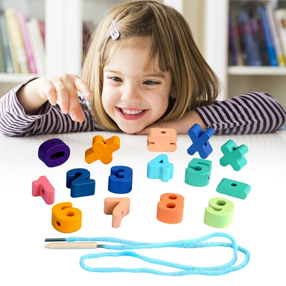 ​Chunky Bead Threading Kit for Ages 4+ - 12pc Large Wooden Beads w/ 2 Laces ,Fine Motor Skills Toy w/ Travel Case - ASTM F963 Certified​​ A