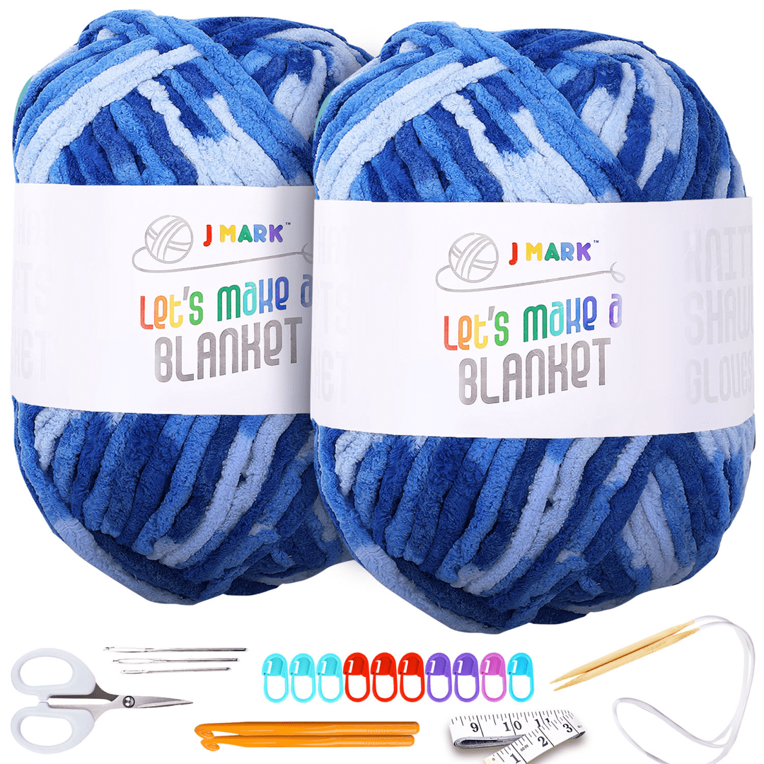 Chunky Blanket Yarn for Knitting 437 yd. 28 oz. (800 g) & Crocheting, Thick Yarn Balls , Circular Knitting Needle, Crochet Hooks, Measuring Tape, Scissors, Pins, Blunt Metal Needles, Manual (Blue)