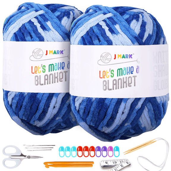 Chunky Blanket Yarn for Knitting 437 yd. 28 oz. (800 g) & Crocheting, Thick Yarn Balls , Circular Knitting Needle, Crochet Hooks, Measuring Tape, Scissors, Pins, Blunt Metal Needles, Manual (Blue)