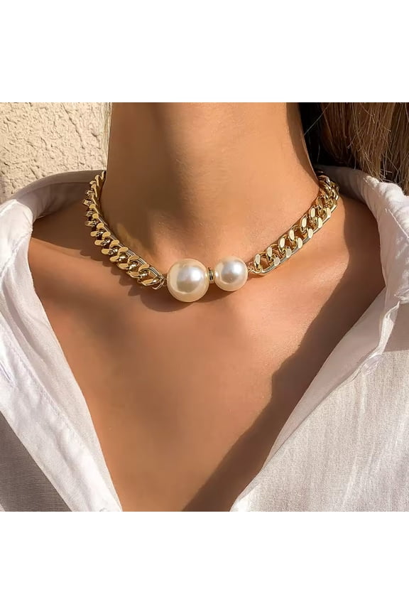 Chunky Bold Gold Curb Chain Statement Choker Necklace with Oversized Faux Pearls