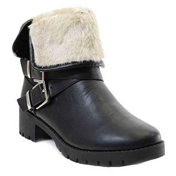 Chunky Buckle Shearling Fur Fold Over Combat Lug Vegan Women's Boots (Beige Fur, 9 B(M) US)