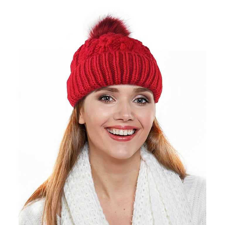 Chunky Cable Knit Beanie Hat w Faux Fur Pom Pom Winter Soft Stretch Cap Hat