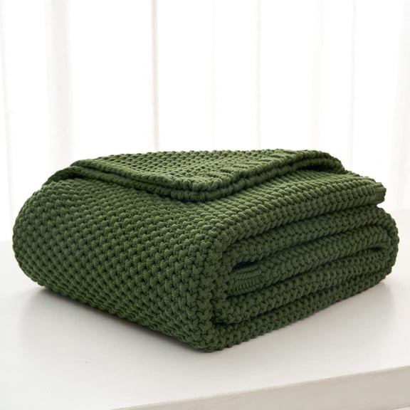 Chunky Cable Knit Throw Blanket Lightweight Olive Green 100% Organic Cotton Blanket for Sofa Couch Bed Baby Nursery, Rustic Shabby Chic Modern Farmhouse, 51 x 63 Give Laundering Bag