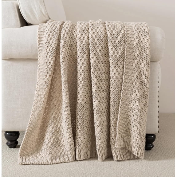 Chunky Cable Knit Throw Blanket Super Soft Warm Knitted for Couch, Sofa, Chair, Bed Lightweight Breathable Cozy Comfortable Home Decorative Camel Tan Beige 50x60 Inches