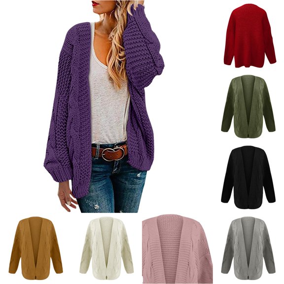 Chunky Cardigan Sweaters For Women Women'S Coarse Needle Knitted Cardigan Mid Length Solid Color Casual Loose Fitting Long Sleeved Sweater Coat For Everyday Wear Purple S
