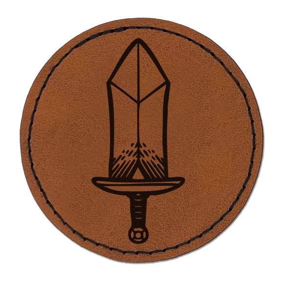 Chunky Cartoon Sword Fantasy Blade Round Iron-On Engraved Faux Leather Patch Applique - 2.5 Inch - Brown