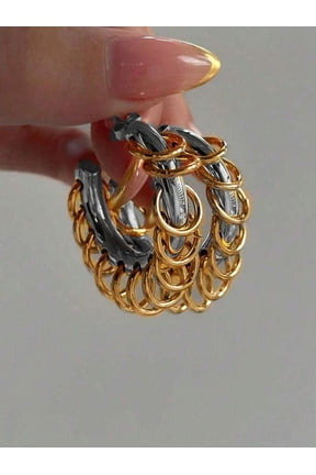 Chunky Chain Link Hoop Earrings B-Silver Two-Tone Stainless Steel Fashion