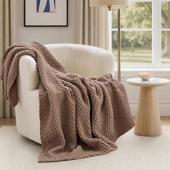 Chunky Chenille Knit Throw Blanket with Moss Stitch Texture Rosewood 50" x 60"