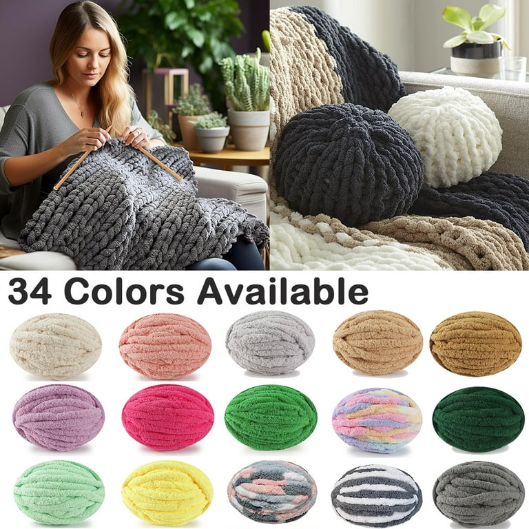 Chunky Chenille Yarn for Blanket, Super Bulky Soft Thick Fluffy Jumbo Giant  Washable Polyester Big Yarn for Hand Knitting Extreme DIY Arm Knitting Throw  Rugs Pillow 
