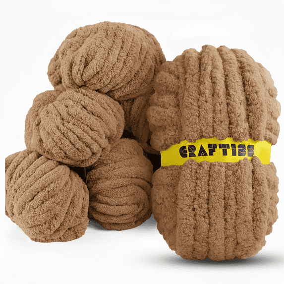 Chunky Chenille Yarn for Crocheting - Toffee Beige 8 Jumbo Skeins (27 yds, 8 oz Each), Thick Crochet Knit Blanket Chunky Yarn for Hand Knitting