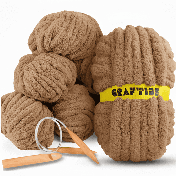 Chunky Chenille Yarn for Crocheting - Toffee Beige 8 Jumbo Skeins (27 yds, 8 oz Each), Thick Crochet Knit Blanket Chunky Yarn for Hand Knitting